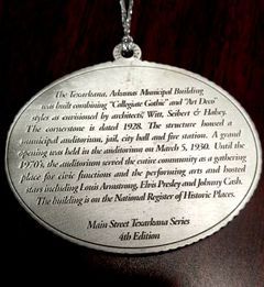 Silver ornament with text about Texarkana Municipal Building.