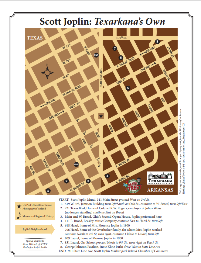 Click to download a pdf guide of the Scott Joplin Walking Tour Map of Texarkana with marked locations related to Scott Joplin. Brown and tan grid with markers.