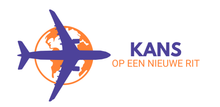 Logo Kans op een Nieuwe Rit. Paars vliegtuig en oranje wereldbol