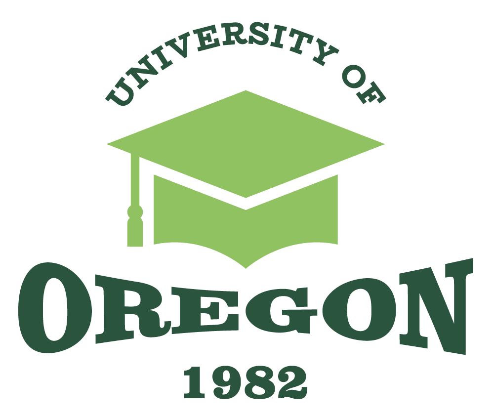 The logo for the university of oregon is a green graduation cap.