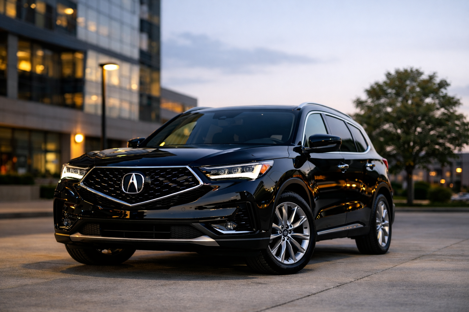 Black Acura MDX SUV parked in front of a building at dusk.