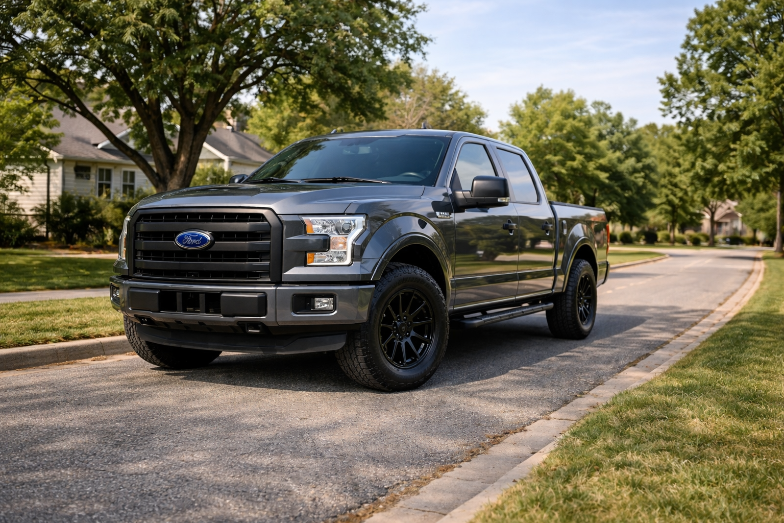Gray Ford F-150 truck parked on a residential street. Black wheels, trees in the background, daytime.