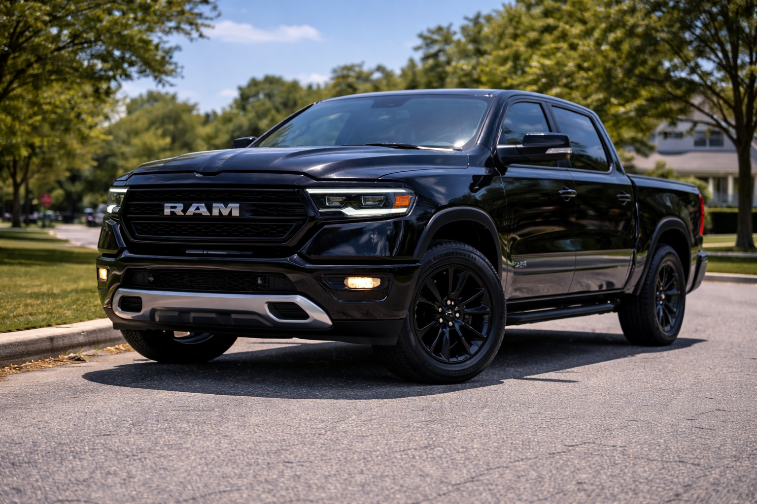 Black RAM pickup truck parked on a residential street.