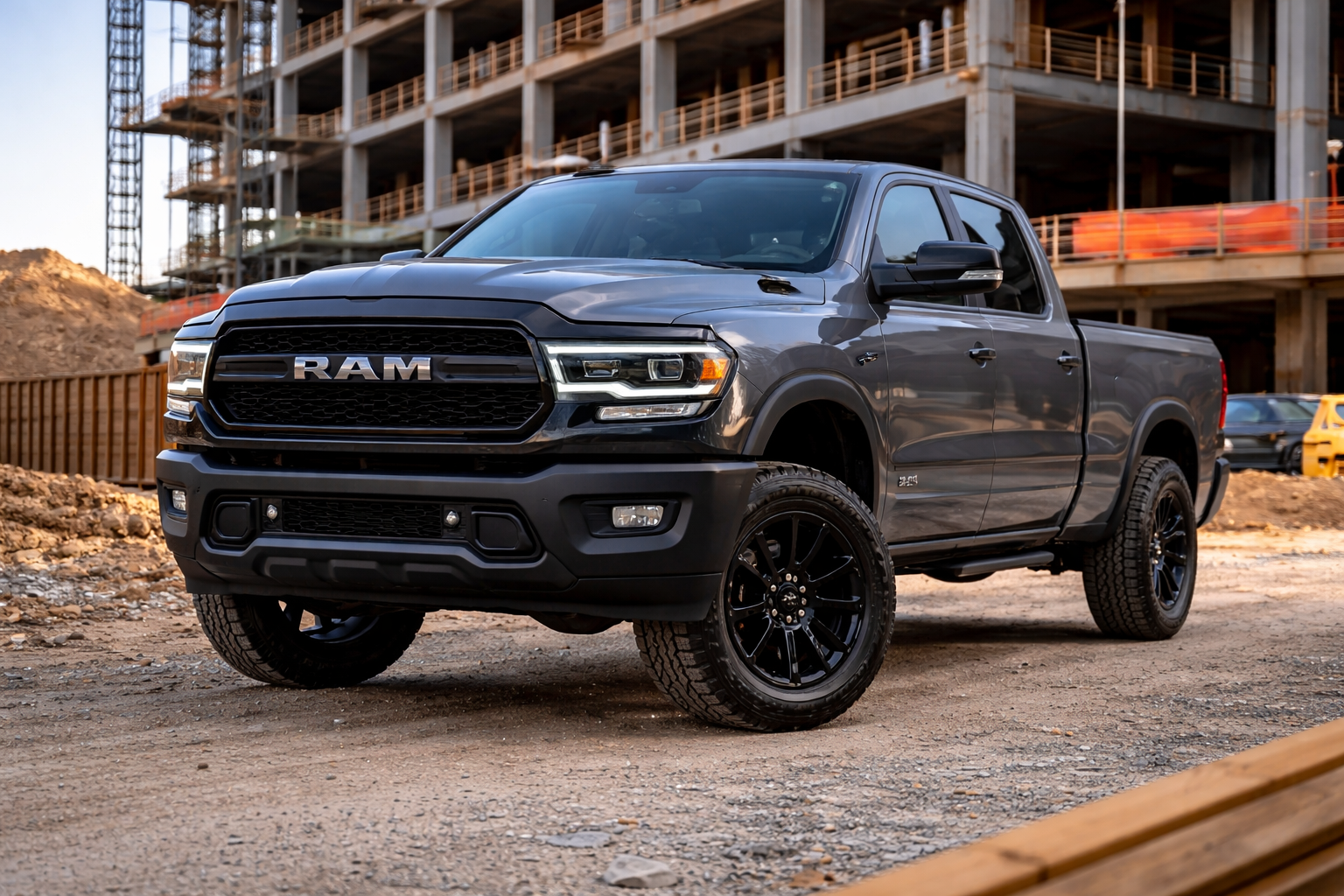 Gray RAM truck parked in front of a construction site; black rims, cloudy sky.