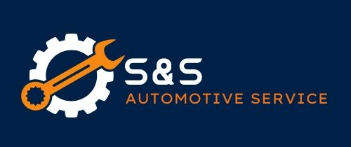 Logo for S&S Automotive Service. Orange wrench over a white gear; blue background; white