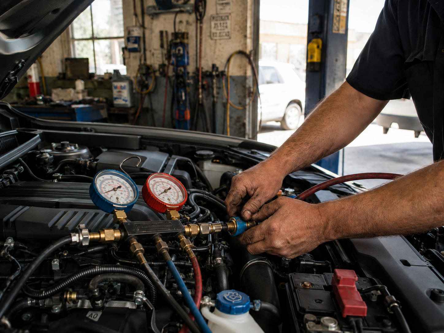 A mechanic from S&S Automotive Service wearing black gloves uses a cordless impact wrench to tighten a lug nut on a car wheel in a workshop.