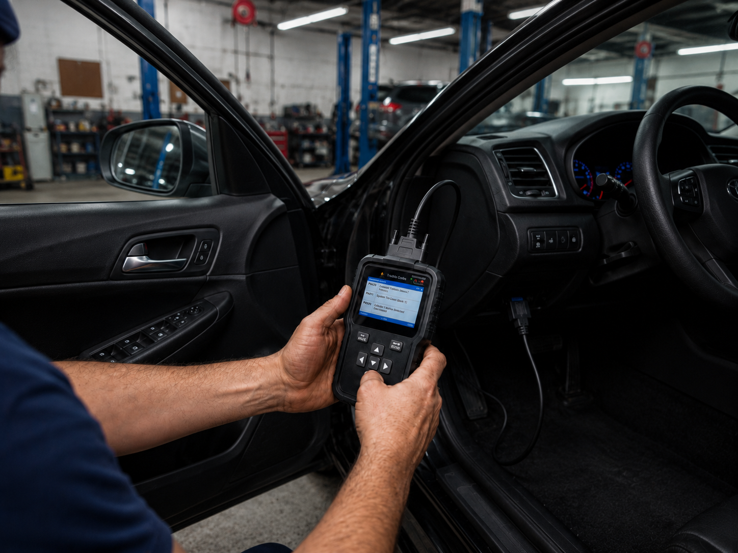 A mechanic from S&S Automotive Service wearing black gloves uses a cordless impact wrench to tighten a lug nut on a car wheel in a workshop.
