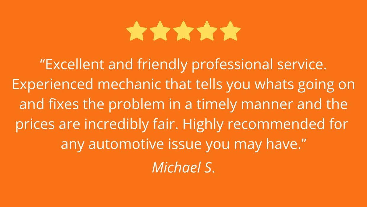 Customer review quote with five stars, praising excellent service, fair prices, and experienced mechanic.