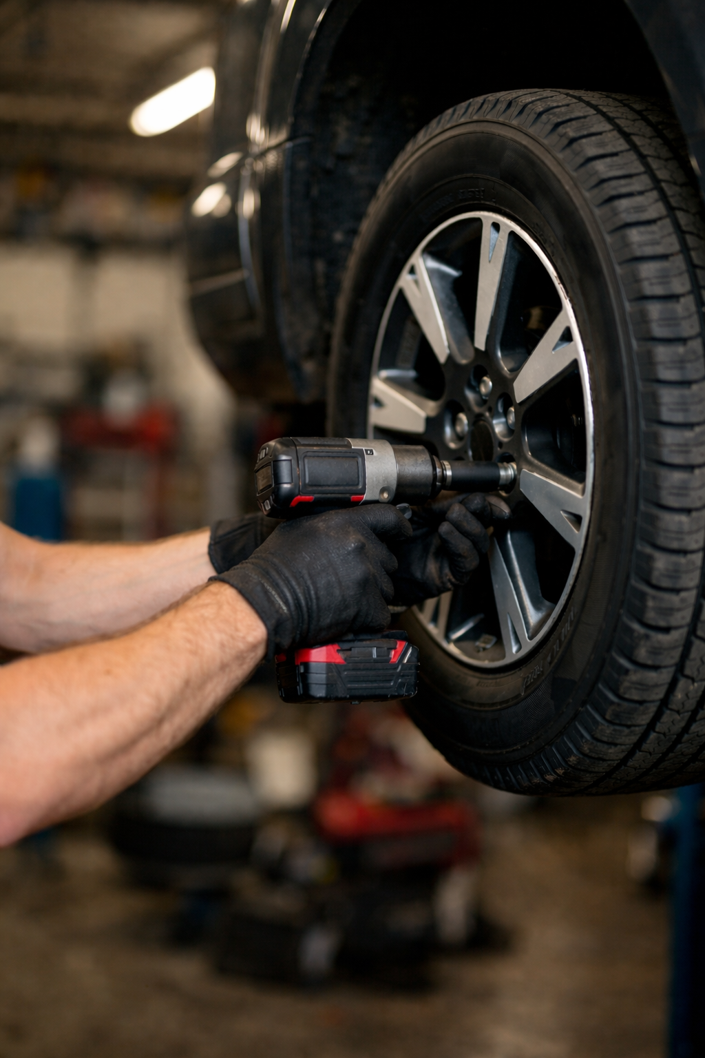 A mechanic from S&S Automotive Service wearing black gloves uses a cordless impact wrench to tighten a lug nut on a car wheel in a workshop.