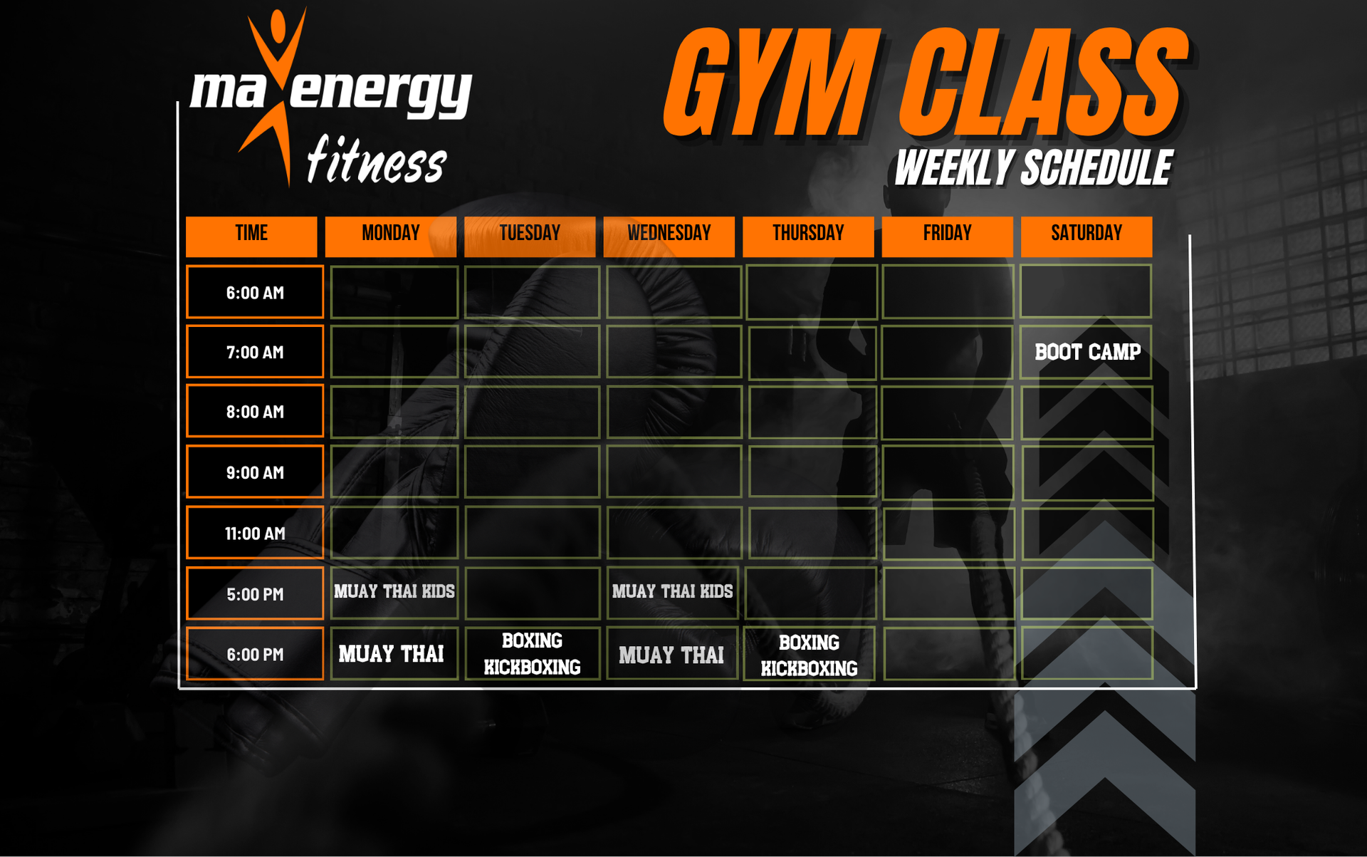 A schedule for a fitness and fun for everyone boot camp — Maxenergy Fitness In Smithfield, QLD
