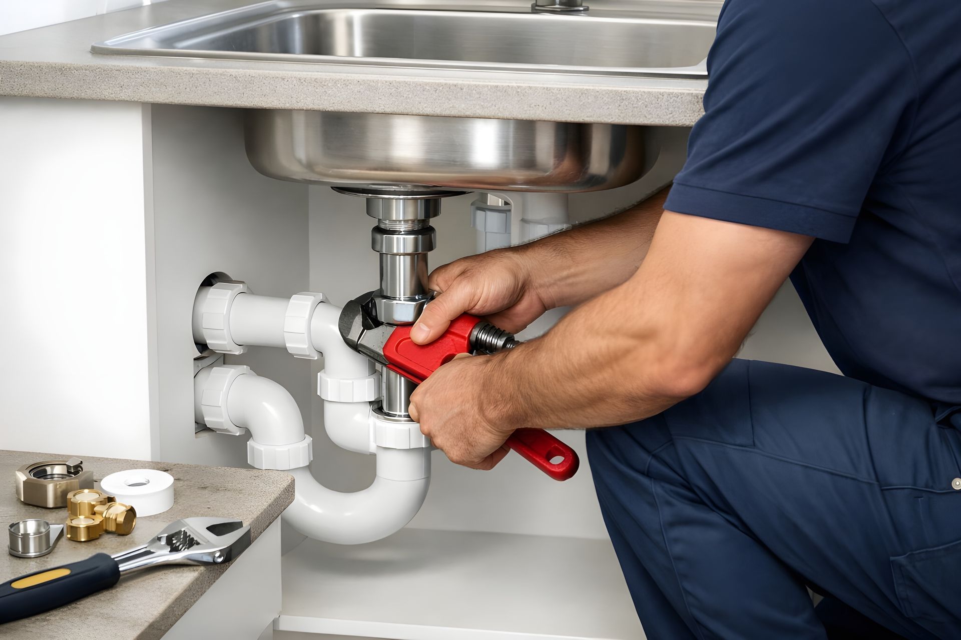 Person repairing kitchen sink drain with red pipe wrench under cabinet plumbing maintenance task. Person repairing kitchen sink drain with red pipe wrench under cabinet plumbing maintenance task.
