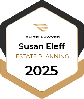 Badge for Elite Lawyer Susan Eleff in Estate Planning, 2025, with a gold and black hexagon design.