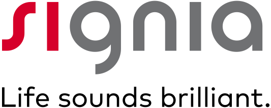 Signia logo with gray and red lettering and the tagline “Life sounds brilliant.”