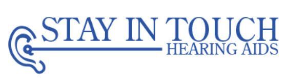 Logo reading “Stay in Touch Hearing Aids” in blue with a stylized ear icon.