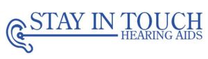Logo reading “Stay in Touch Hearing Aids” in blue with a stylized ear icon.