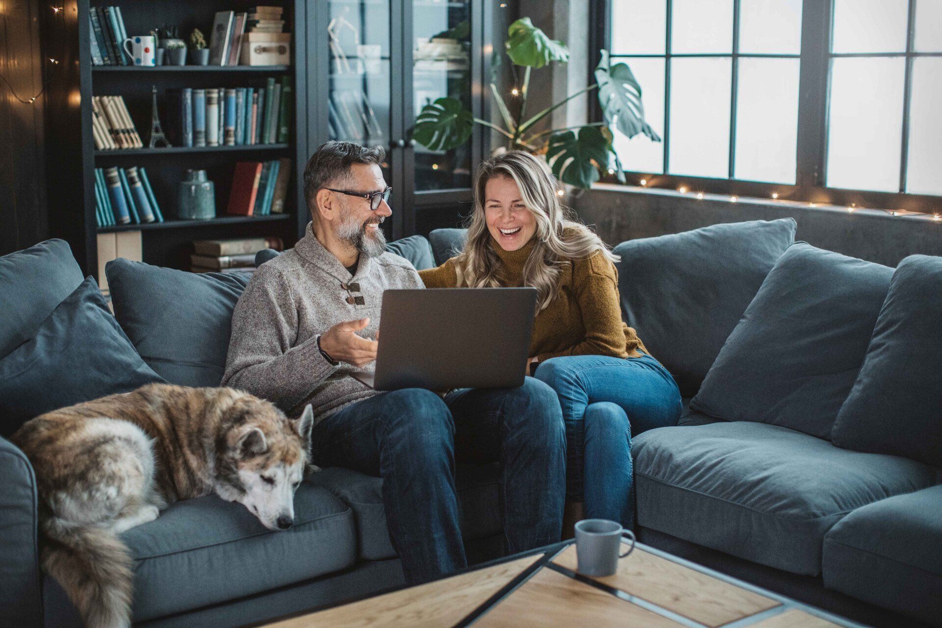 Two people with a laptop on a blue couch beside a sleeping dog in a cozy living room