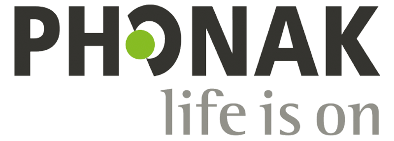 PHONAK logo with green circle in the O and gray tagline “life is on” underneath