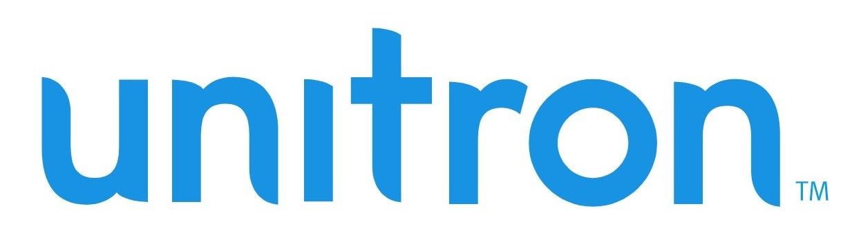 Blue “unitron” logo on a white background