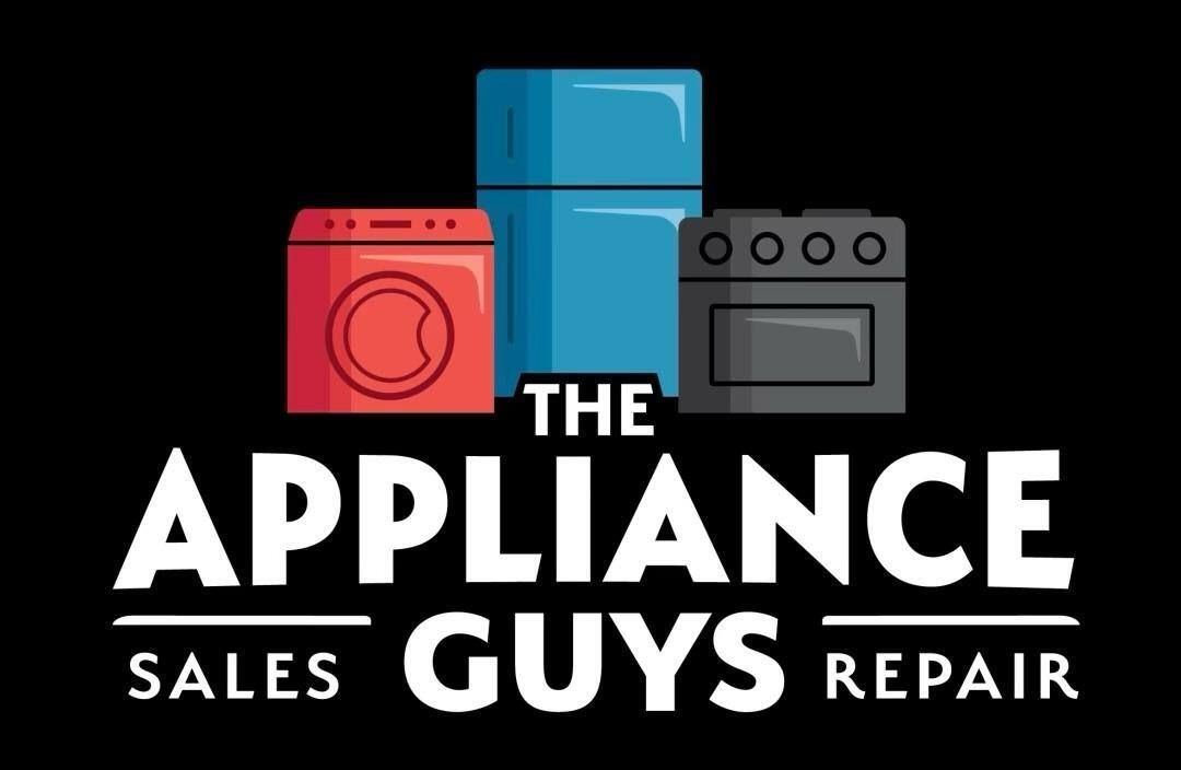 Logo for "The Appliance Guys" with red washer, blue fridge, and grey oven on a black background.