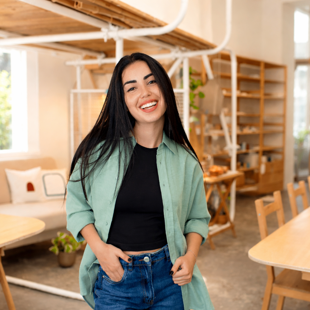 Mujer sonriente con camisa color menta y blusa negra de pie en una cafetería moderna y luminosa.