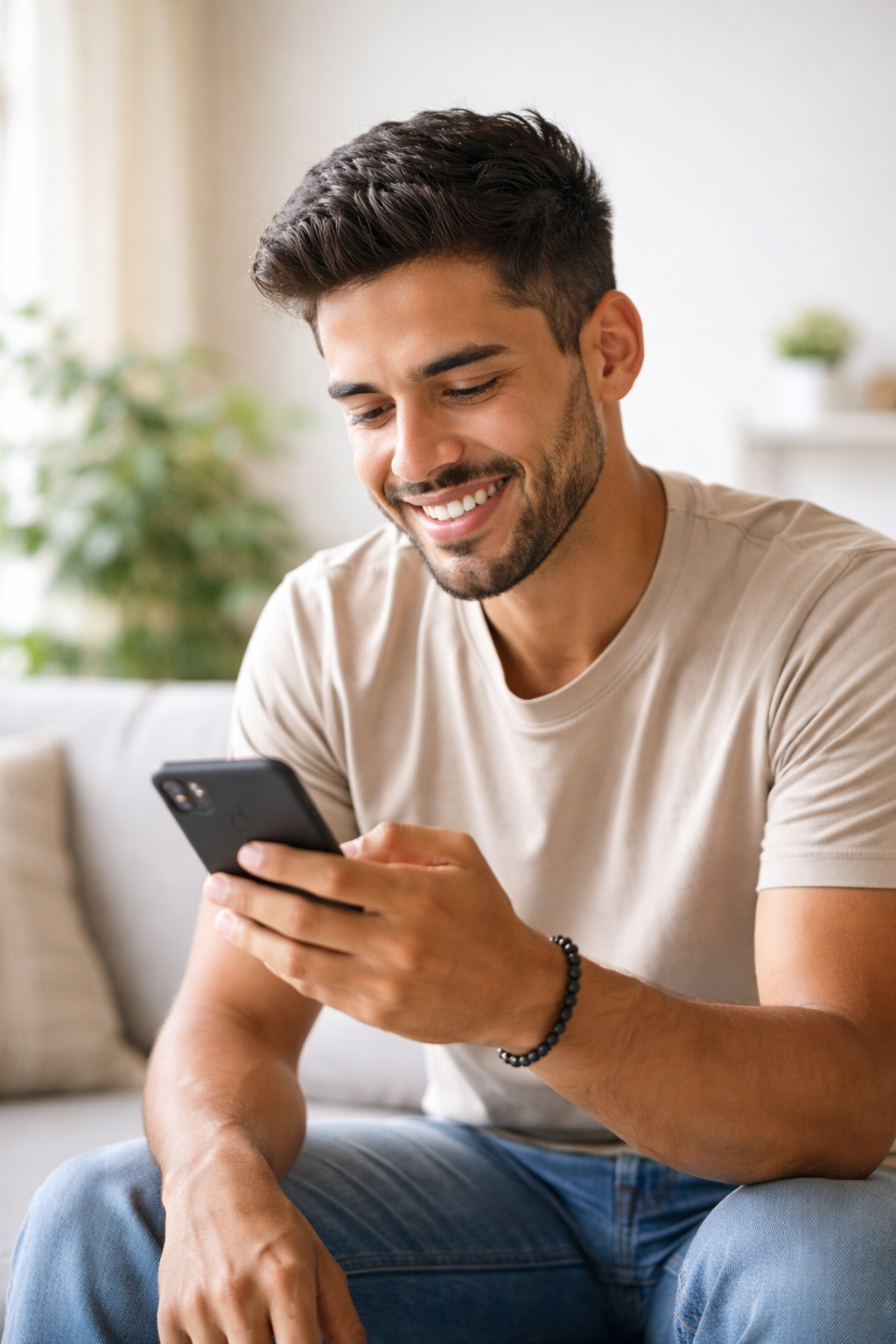 Hombre sonriente con camisa beige sentado en el interior mirando un teléfono inteligente.