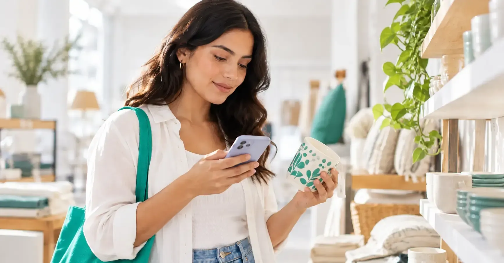 Mujer comparando el precio de una taza en su celular antes de comprar en una tienda.