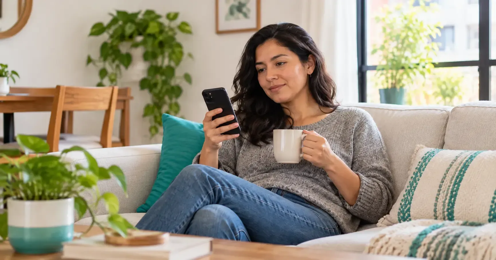Mujer revisa una compra en su celular mientras toma café en la sala de su casa
