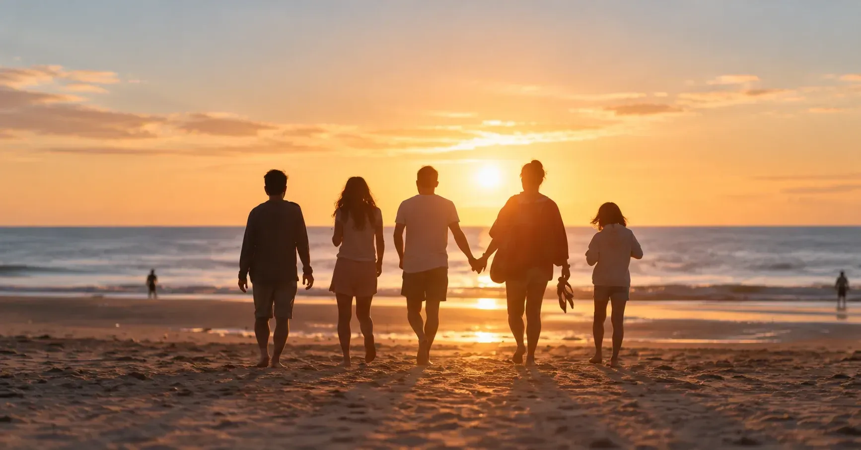 Familia caminando por la playa al atardecer durante sus vacaciones
