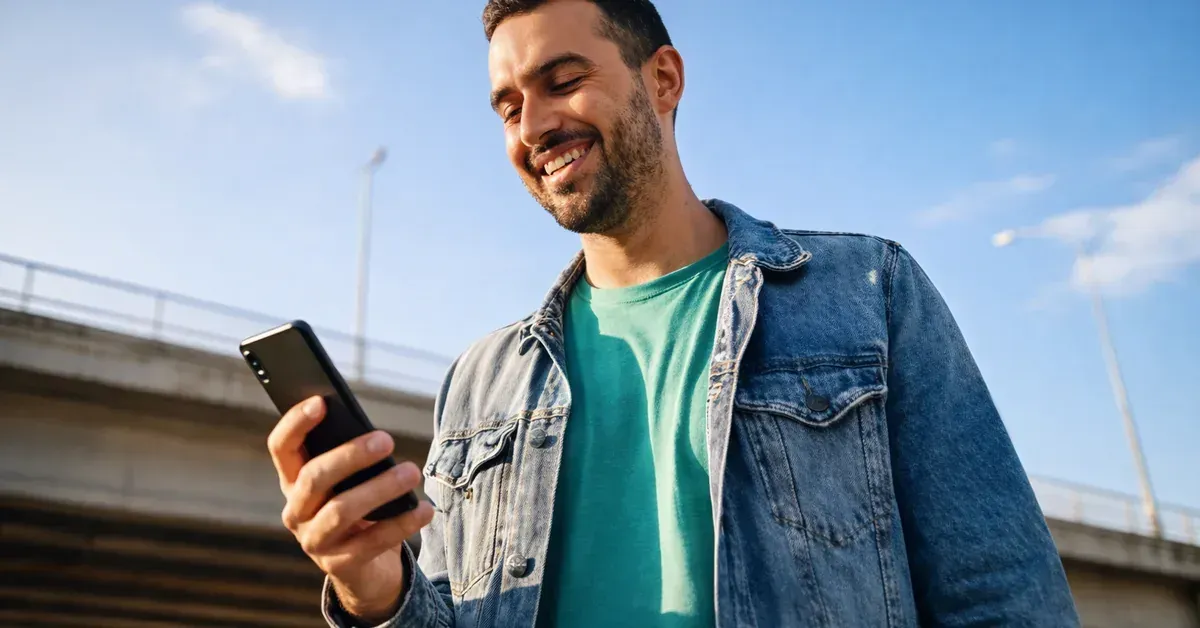 Hombre sonriente con chamarra de mezclilla revisando su celular al aire libre, cerca de un paso elevado