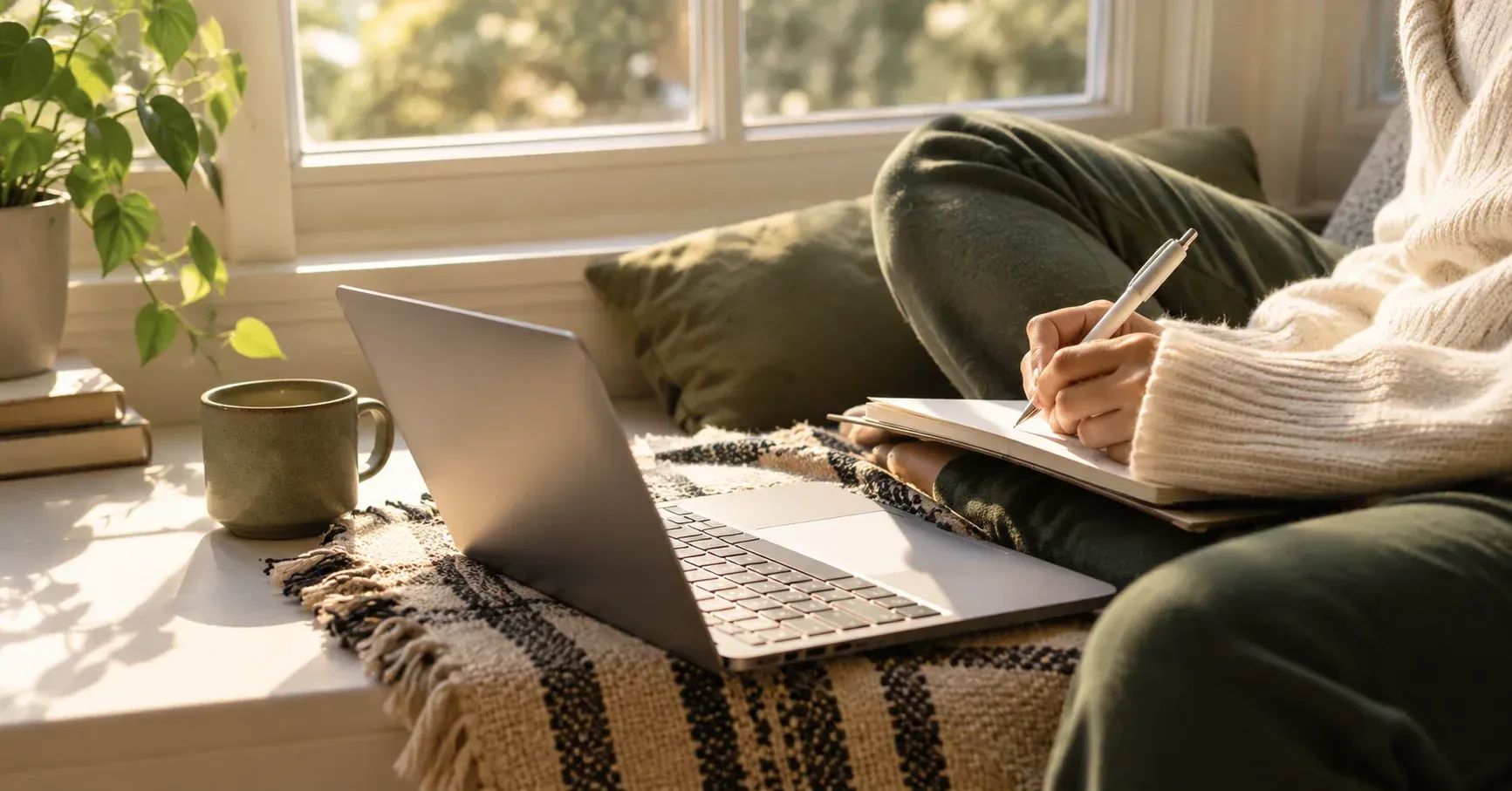 Persona escribiendo en una libreta junto a su laptop, cerca de una ventana con luz natural
