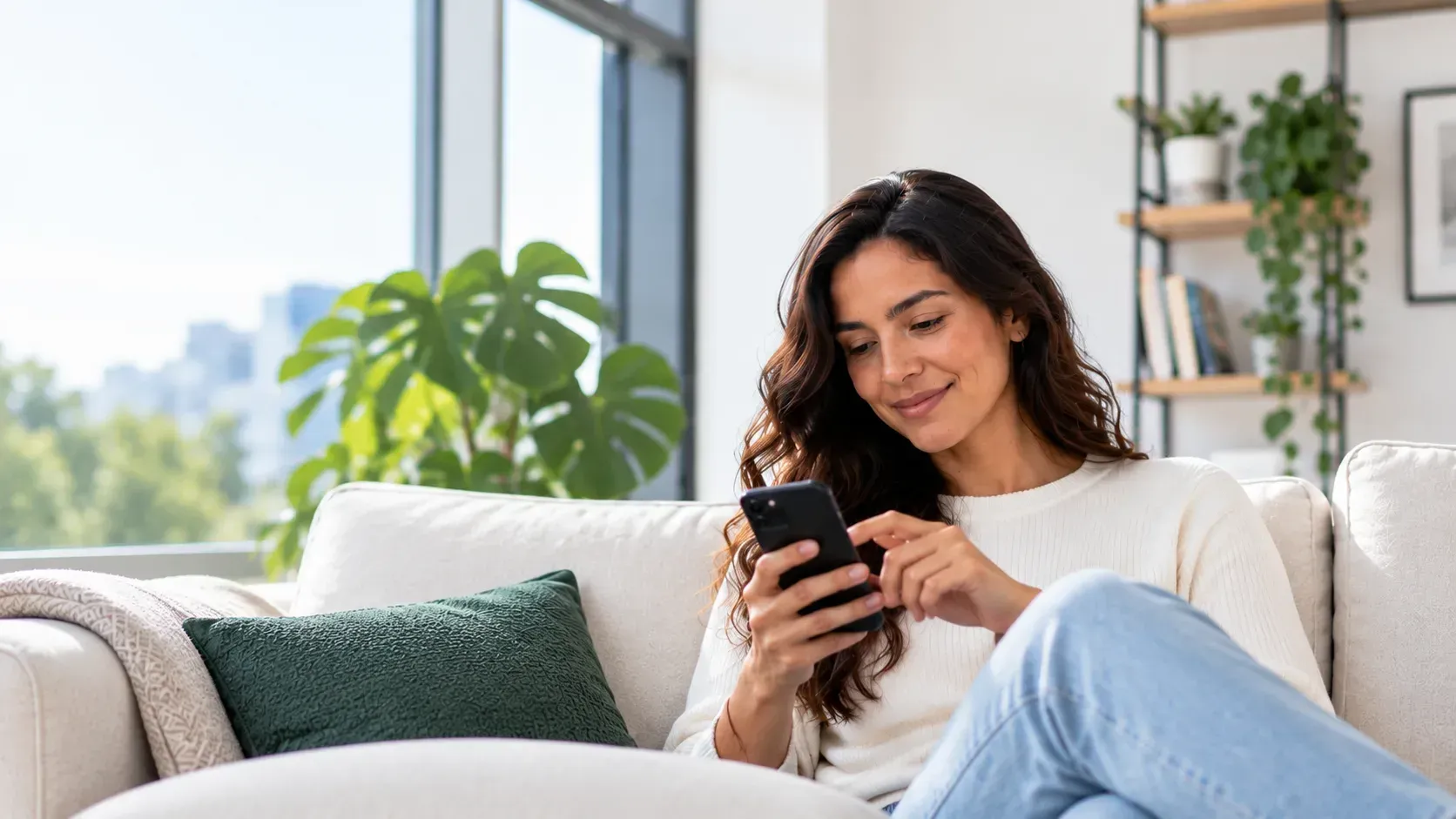 Mujer sonriendo en un sofá, mirando su celular en una sala luminosa con plantas.
