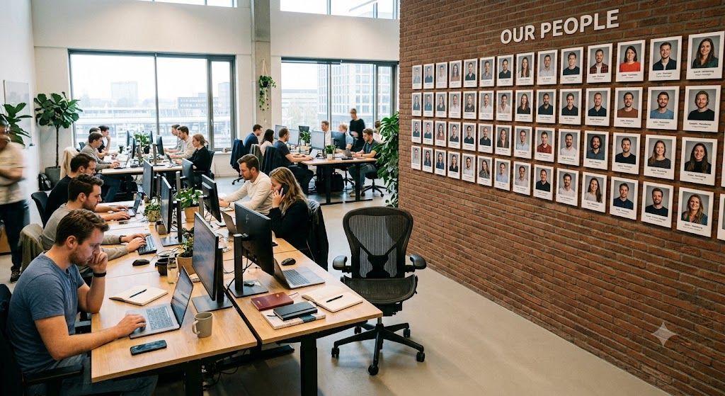 An office wall of employee photographs under the words Our People, with an empty chair in the foreground
