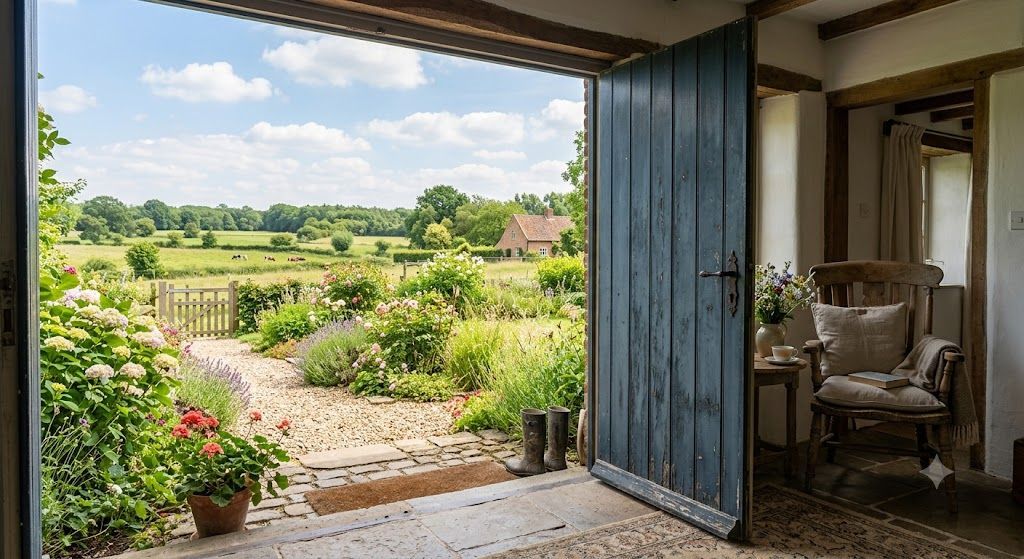 An open door seen from inside a house, looking out onto a garden and open fields