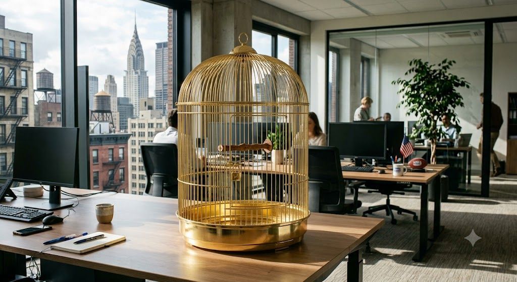 A golden birdcage with its door latched shut, standing on a desk in an open-plan office