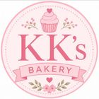 Pink circular logo for KK's Bakery with a cupcake, ribbon, and floral accents.