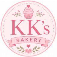 Pink circular logo for KK's Bakery with a cupcake, ribbon, and floral accents.