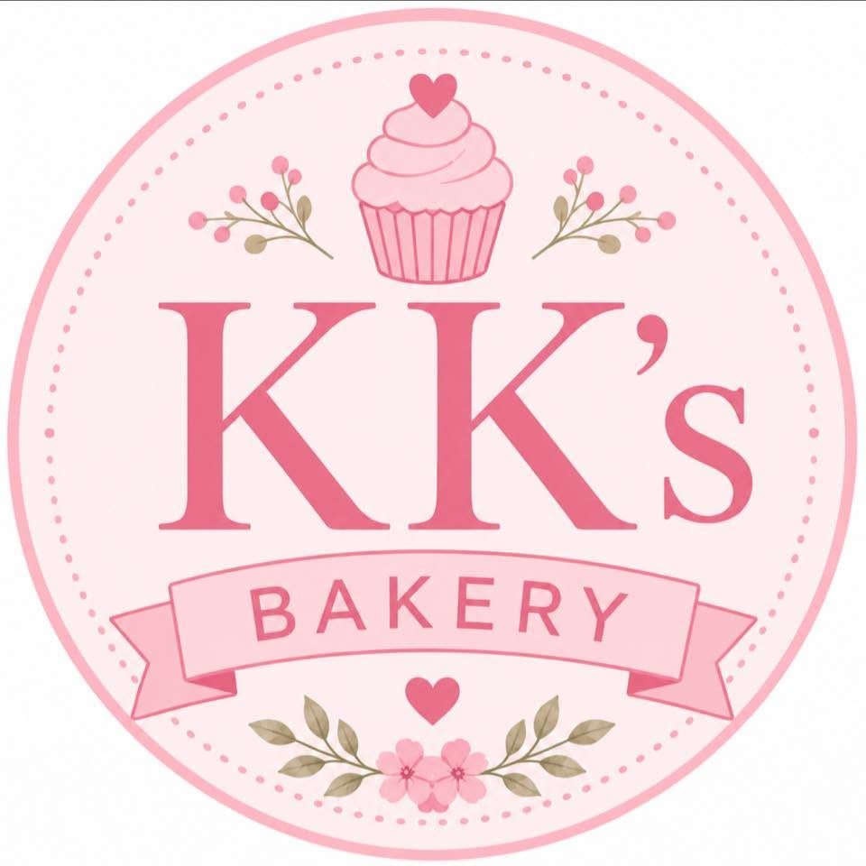 Pink circular logo for KK's Bakery with a cupcake, ribbon, and floral accents.