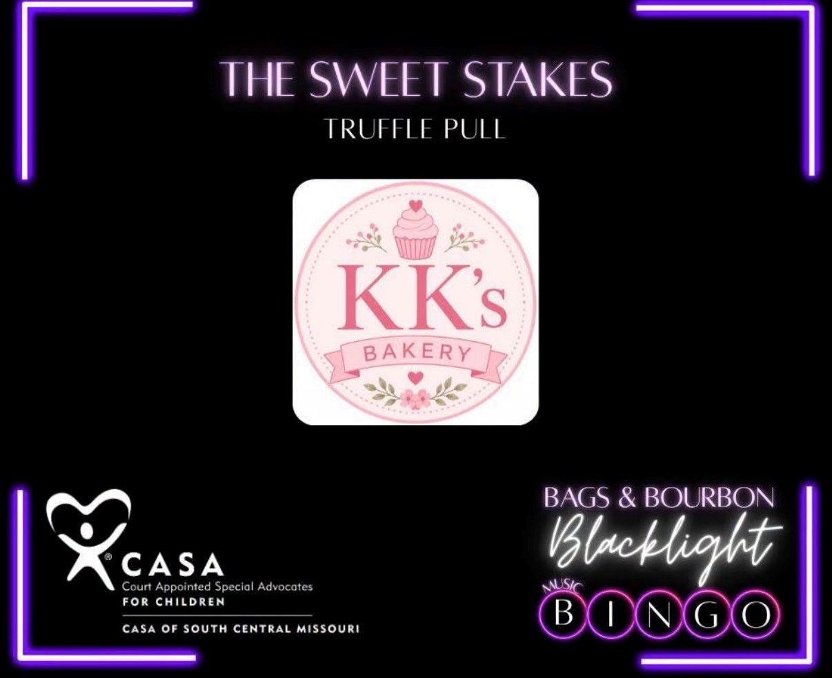 Flyer for “The Sweet Stakes” trivia night featuring KK’s Bakery and Blacklight Bingo, with CASA logo