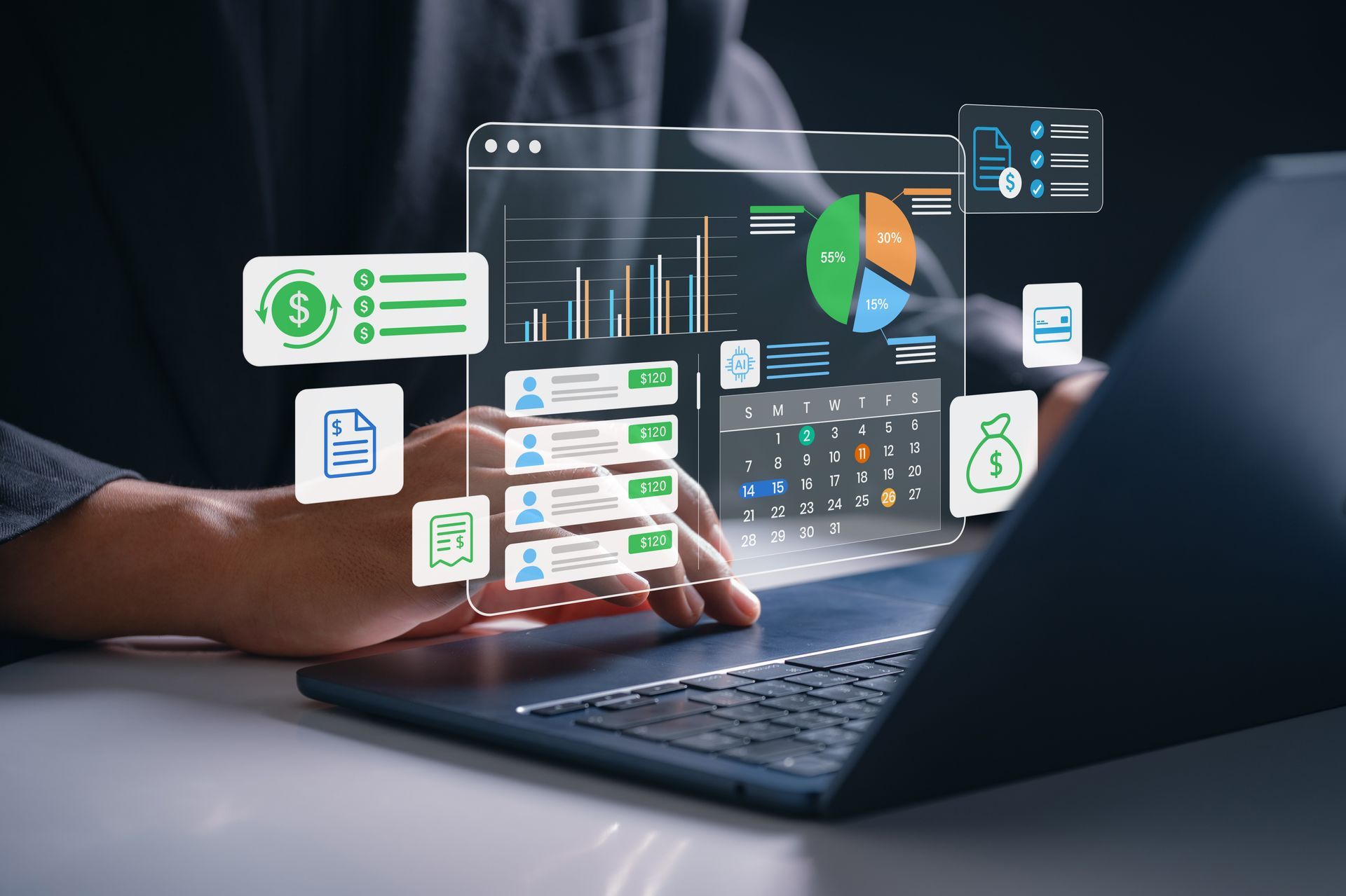 Une personne utilise un ordinateur portable avec des données financières holographiques, des tableaux et des graphiques flottant au-dessus de l'écran.