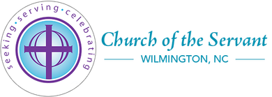 Church of the Servant logo with purple cross and text, Wilmington, NC