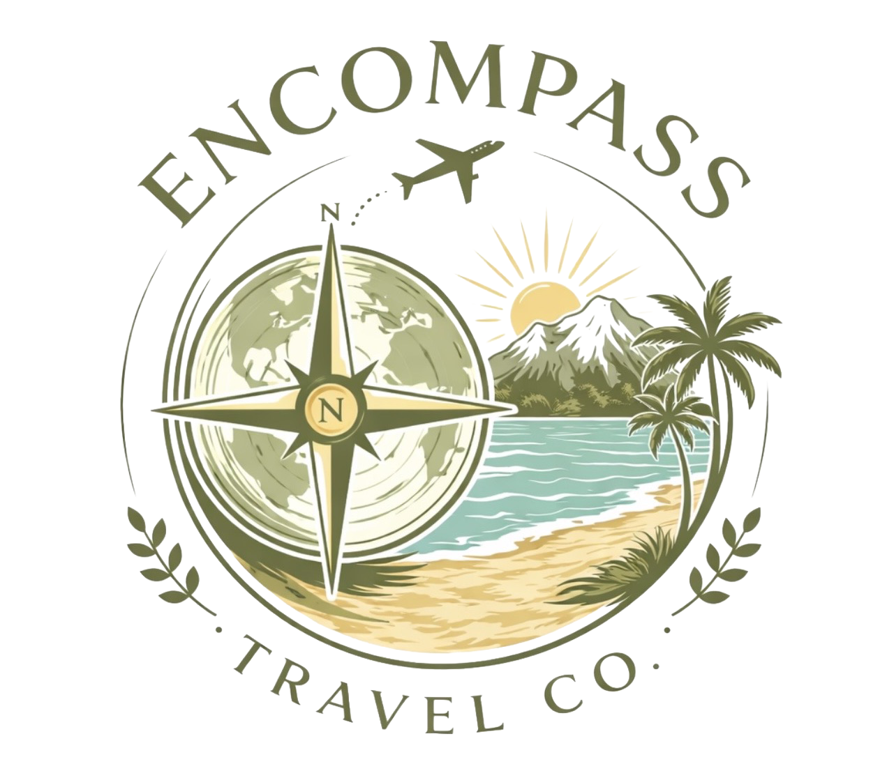Compass Travel Co. logo with compass, tropical beach, palm trees, sun, and airplane