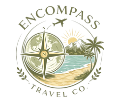 Compass Travel Co. logo with compass, tropical beach, palm trees, sun, and airplane