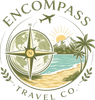 Compass Travel Co. logo with globe, compass, airplane, beach, palm tree, and sun in green and gold