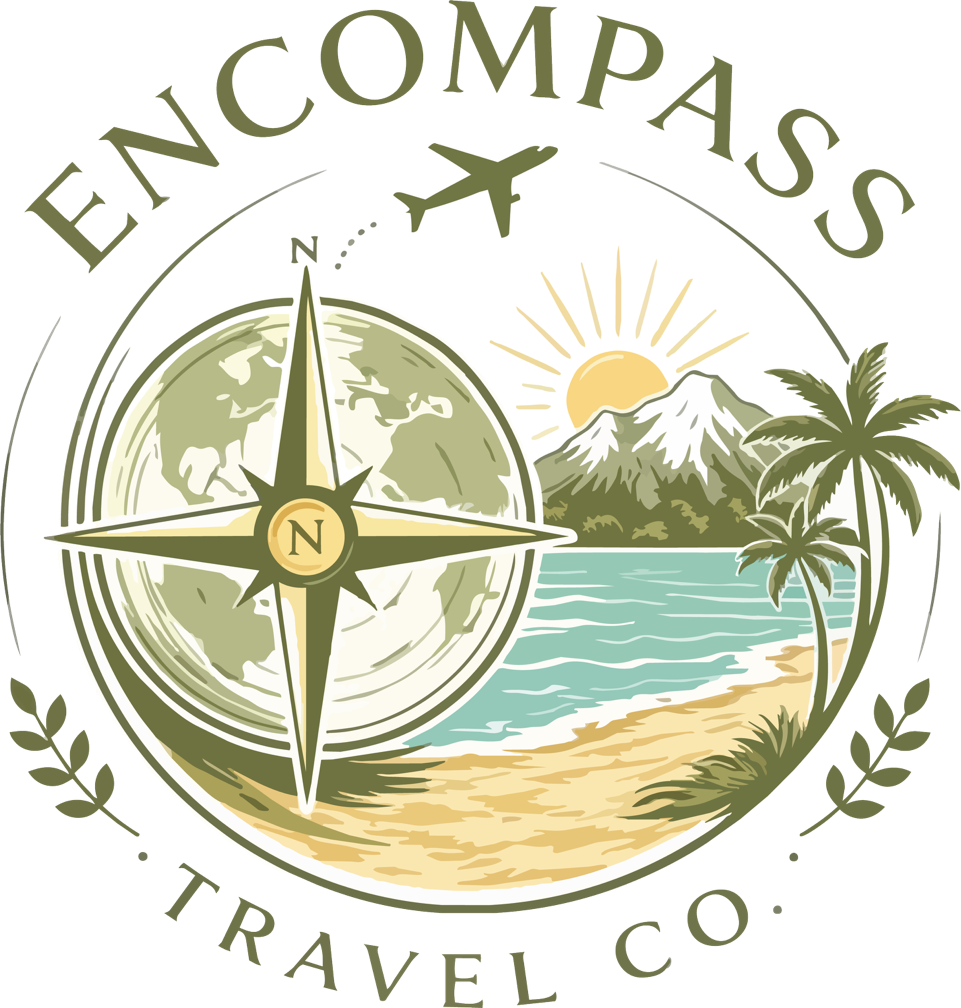 Compass Travel Co. logo with globe, compass, airplane, beach, palm tree, and sun in green and gold