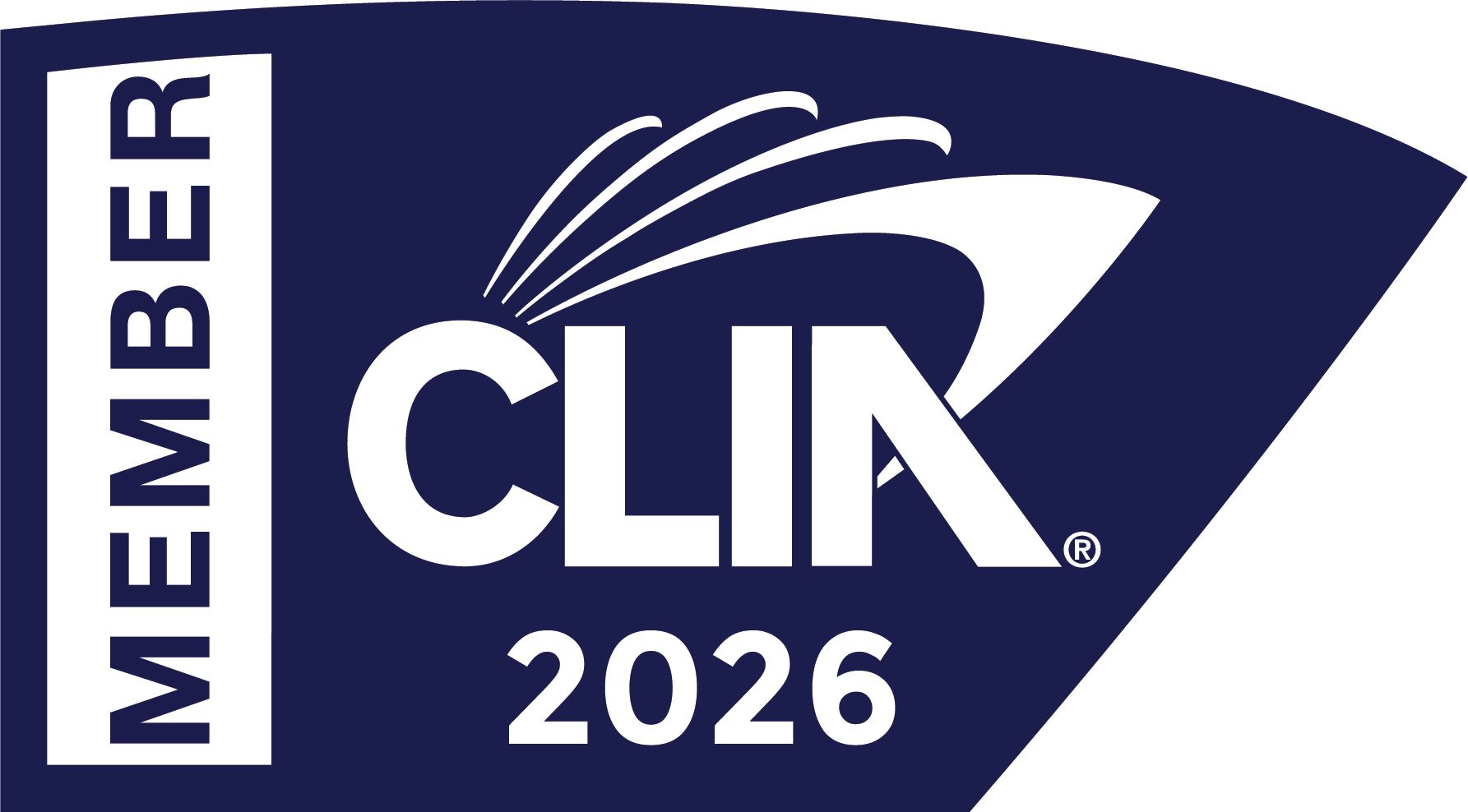 MEMBER CLIA 2026 logo in white and navy blue with stylized sail graphic