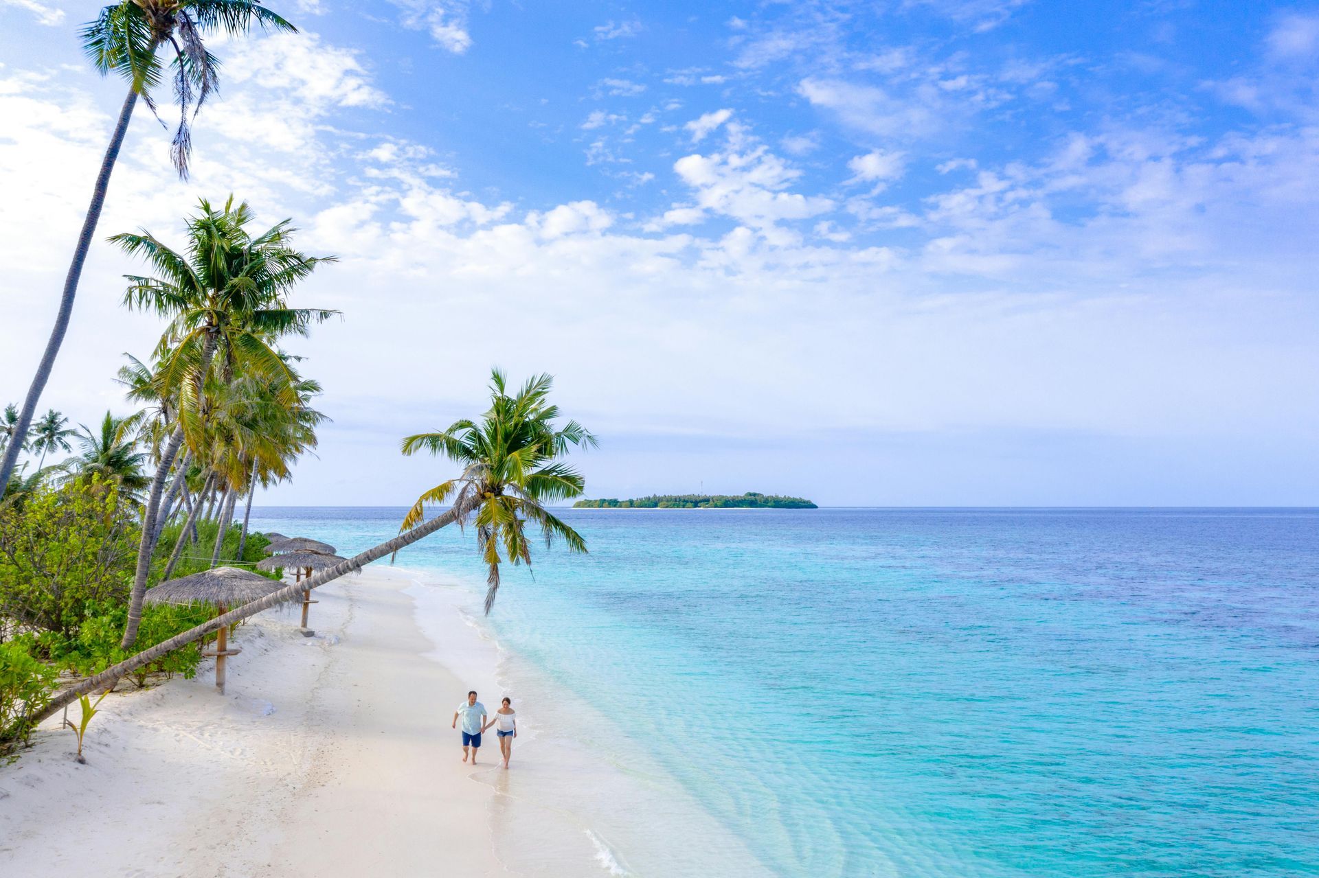 Tropical beach with palm trees, turquoise water, and two people walking along the shore