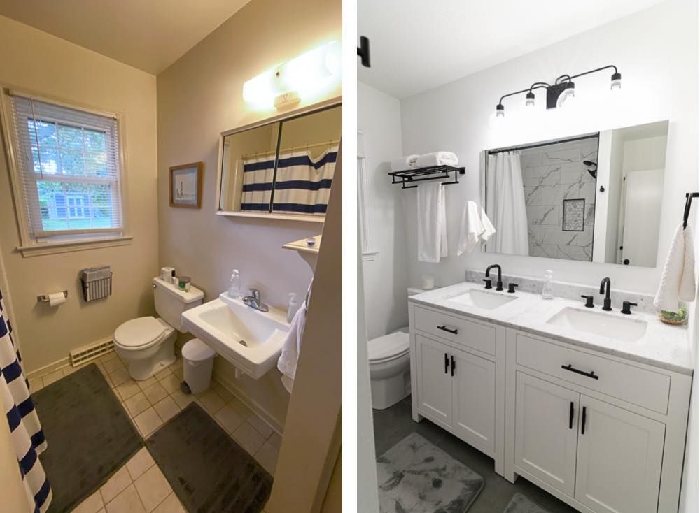 Before and after renovation photos of a small bathroom, featuring a new double vanity, modern lighting, and white cabinetry.
