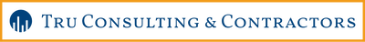Logo for Tru Consulting & Contractors featuring a dark blue circular icon of a stylized skyline inside a gold border.