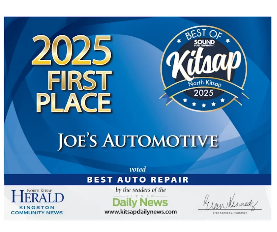 2025 First Place award for Joe’s Automotive, blue plaque with Kit’s North Kitsap Best of Sound badge