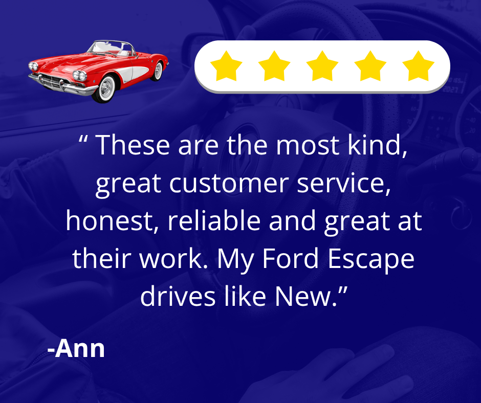 Red convertible with 5-star rating and quote praising customer service, signed Ann.